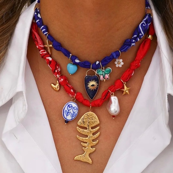 2 piece bandana necklaces , evil eye, beach themed, fish bone - Picture 1 of 7